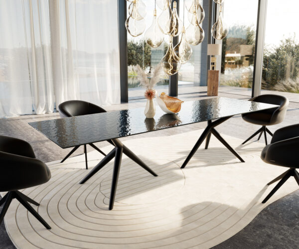 Étkezőasztal Edge 300x100 domborított üveg füstfekete 3D design Estelar kerek fém fekete