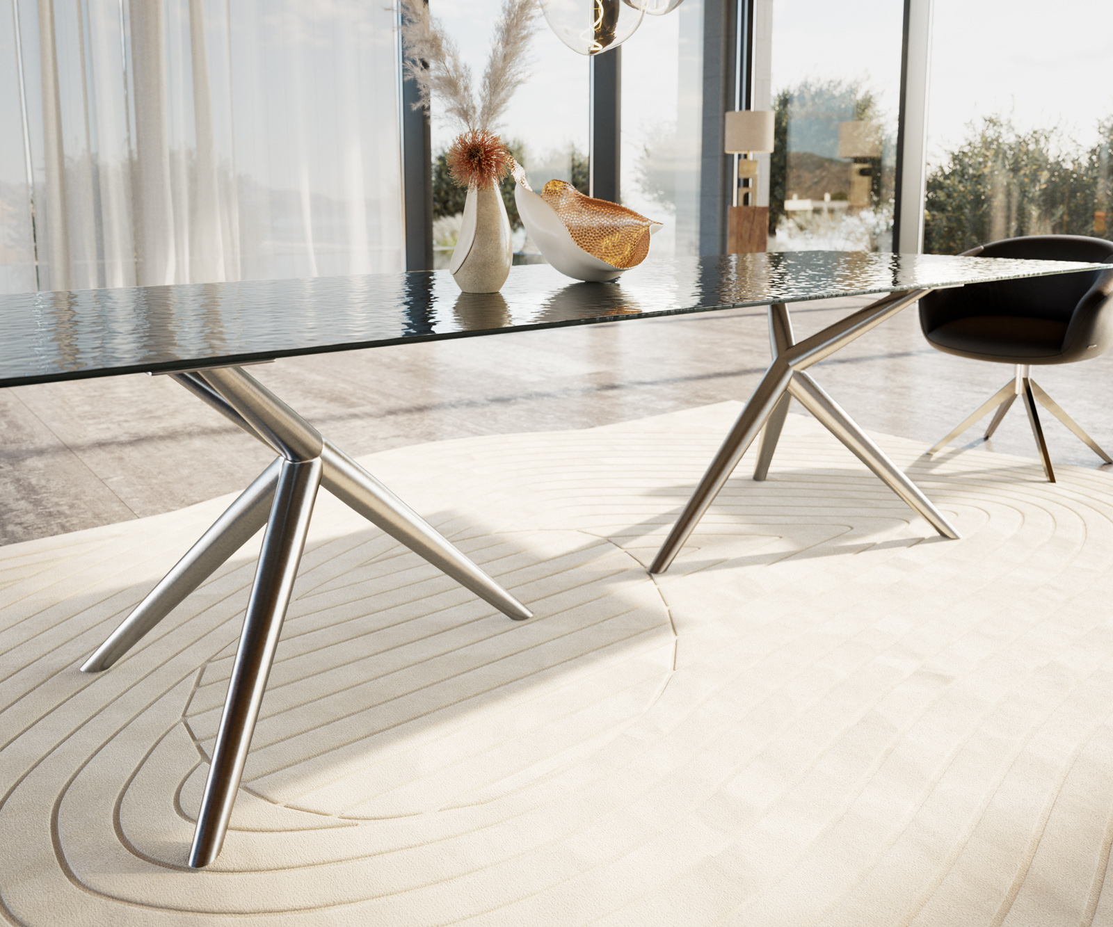 Étkezőasztal Edge 300x100 domborított üveg füstfekete 3D design Estelar kerek rozsdamentes acél - Image 5