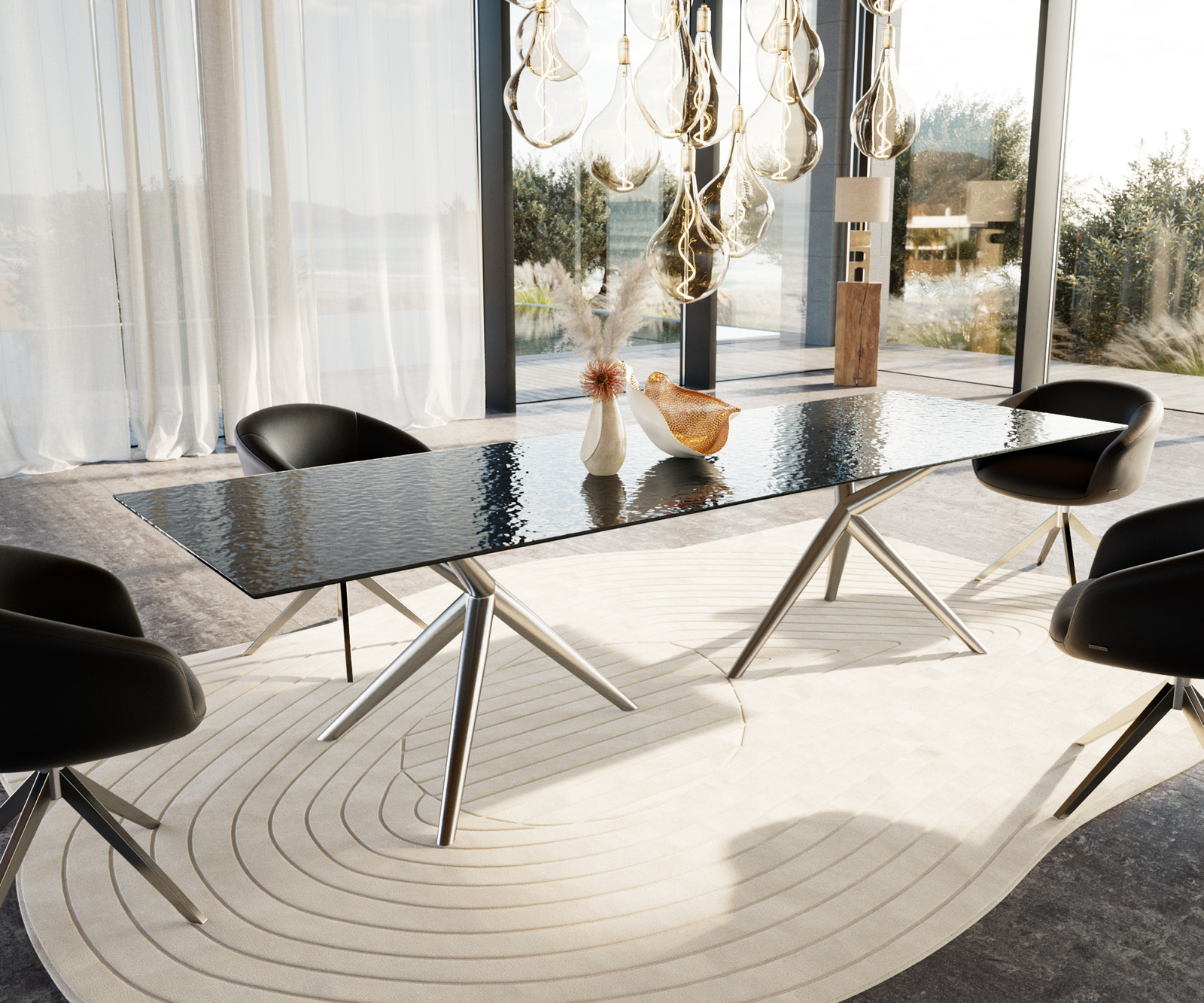 Étkezőasztal Edge 300x100 domborított üveg füstfekete 3D design Estelar kerek rozsdamentes acél