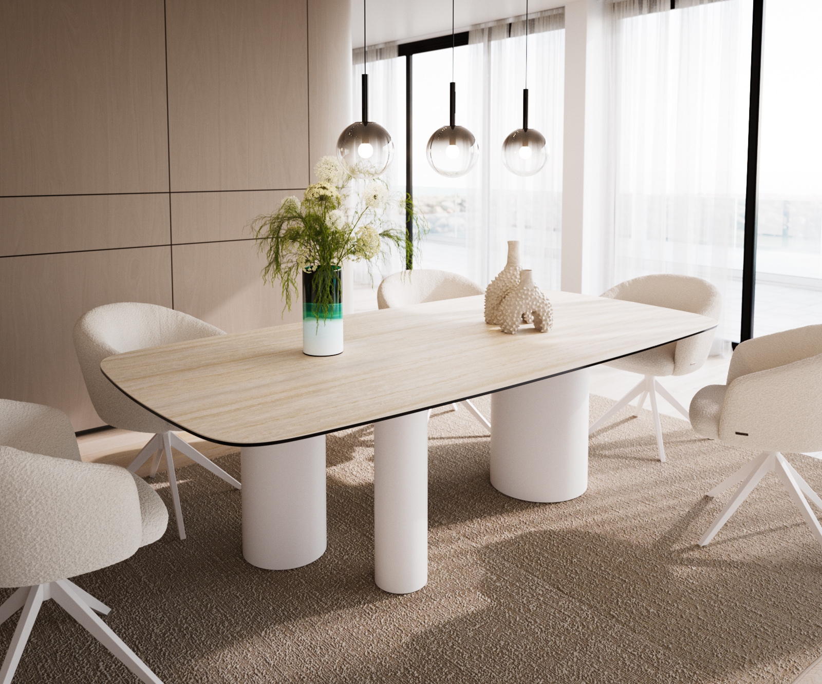 Étkezőasztal Edge hajóformájú 240x120 kerámia travertin természetes Troa fém fehér