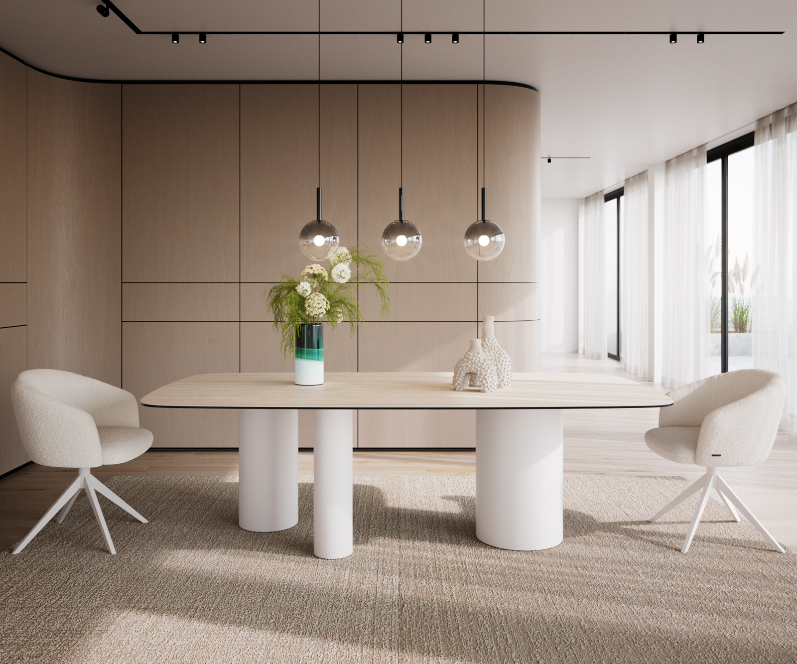 Étkezőasztal Edge hajóformájú 240x120 kerámia travertin természetes Troa fém fehér - Image 2