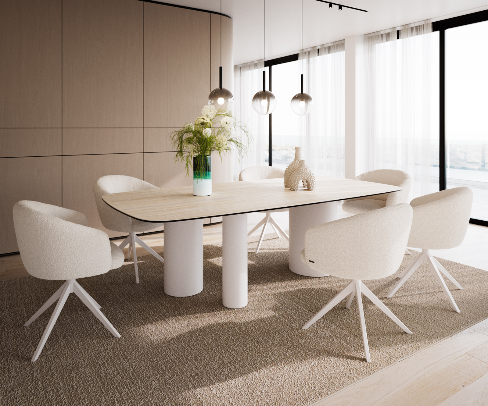 Étkezőasztal Edge hajóformájú 240x120 kerámia travertin természetes Troa fém fehér - Image 6