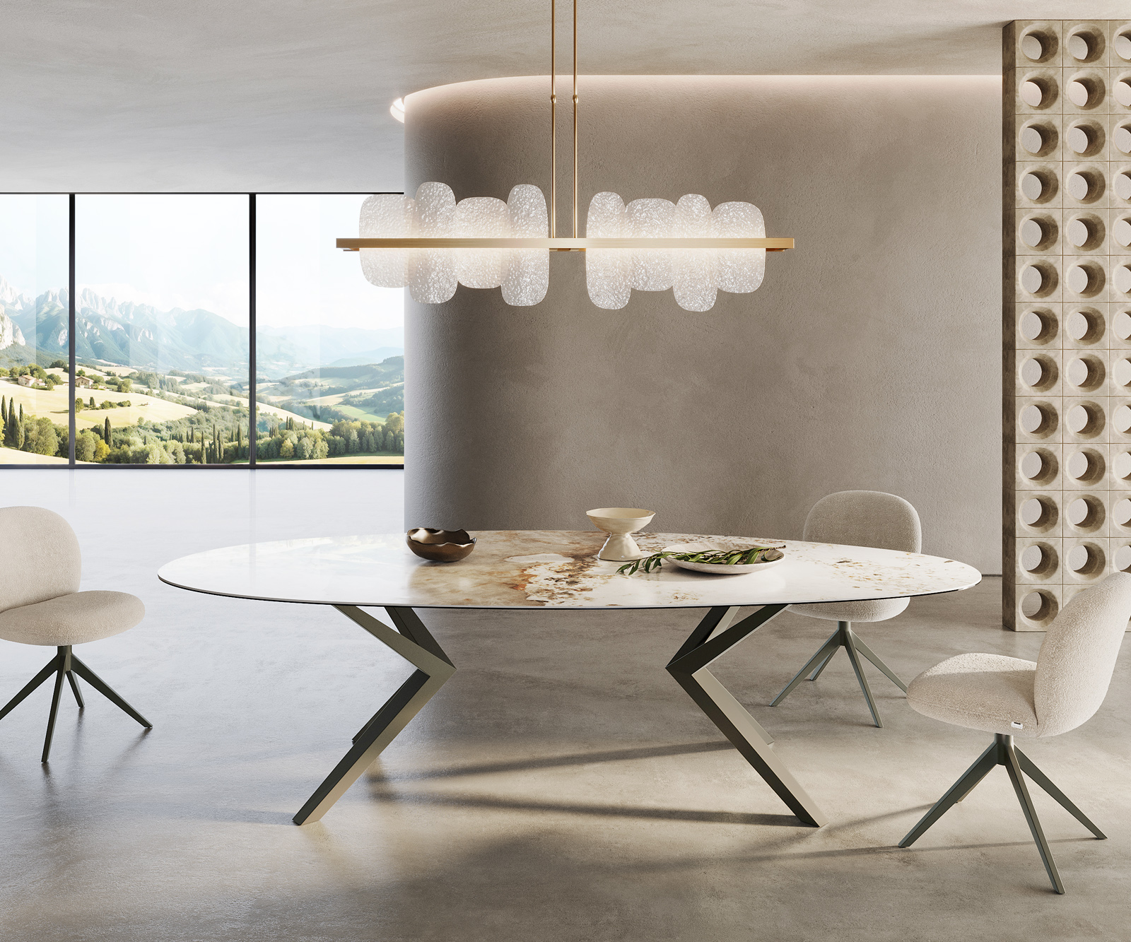 Étkezőasztal Edge ovális 280x130 kerámia Minas melange fehér-bézs Zenthara szögletes fém effekt felület titán