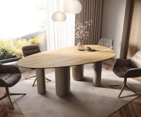 Étkezőasztal Edge ovális 220x120 kerámia Laminam® sabbia tölgyszínű Pilier fém titán effekt felület