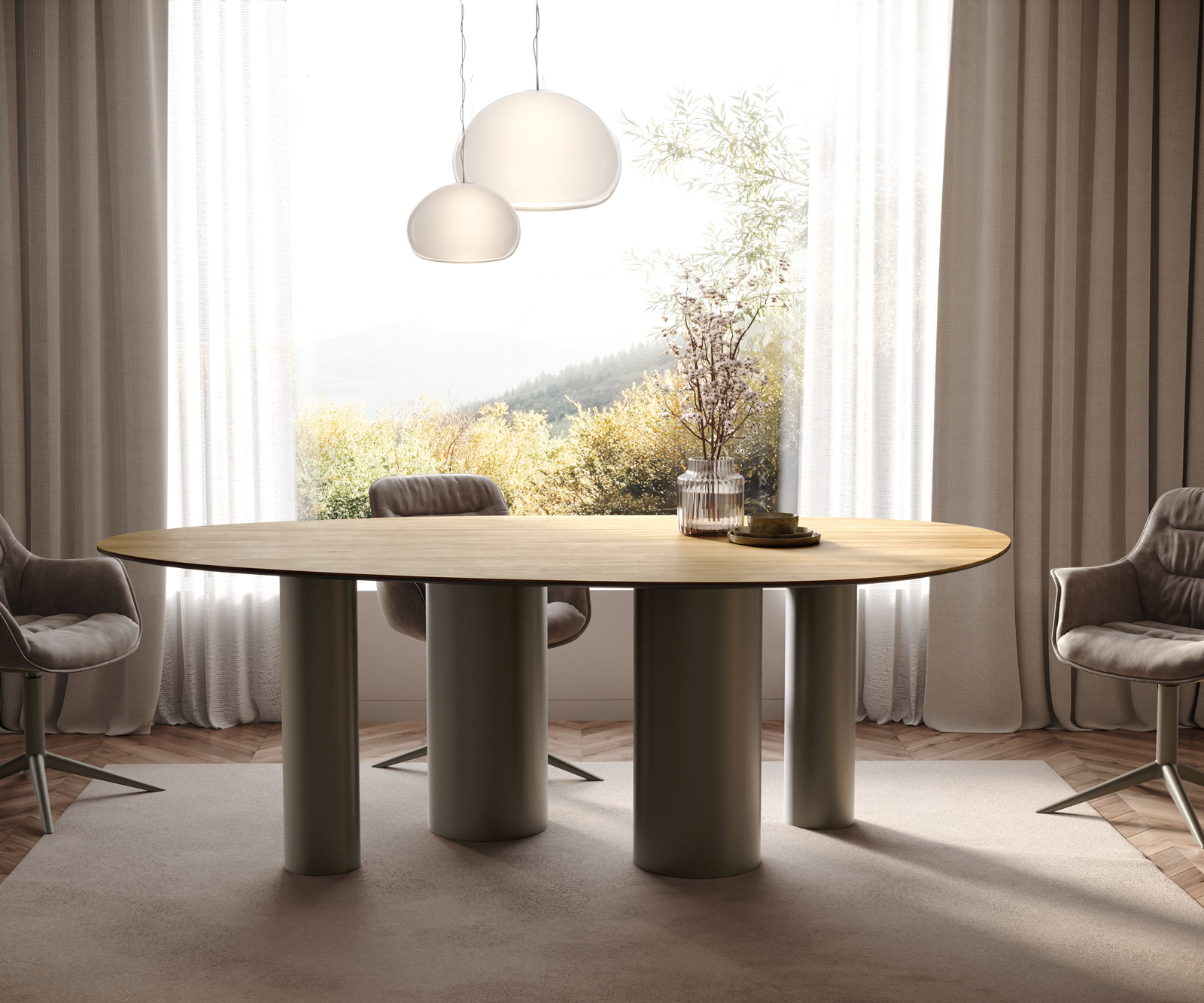 Étkezőasztal Edge ovális 220x120 kerámia Laminam® sabbia tölgyszínű Pilier fém titán effekt felület - Image 2