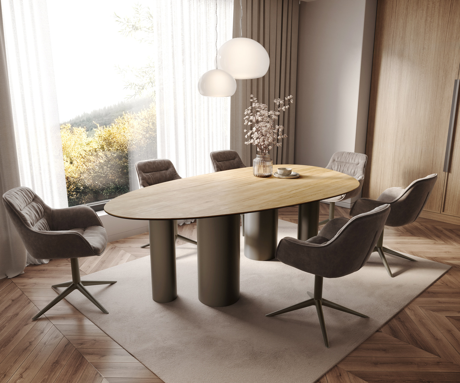 Étkezőasztal Edge ovális 220x120 kerámia Laminam® sabbia tölgyszínű Pilier fém titán effekt felület - Image 7