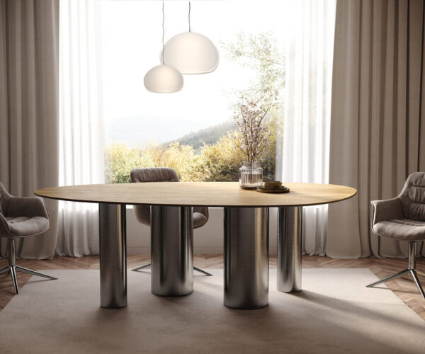 Étkezőasztal Edge ovális 220x120 kerámia Laminam® Sabbia tölgyszínű Pilier rozsdamentes acél grafit - Image 2