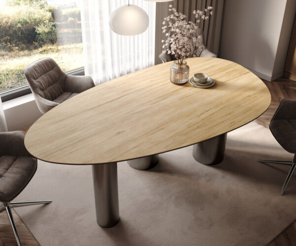 Étkezőasztal Edge ovális 220x120 kerámia Laminam® Sabbia tölgyszínű Pilier rozsdamentes acél grafit - Image 4
