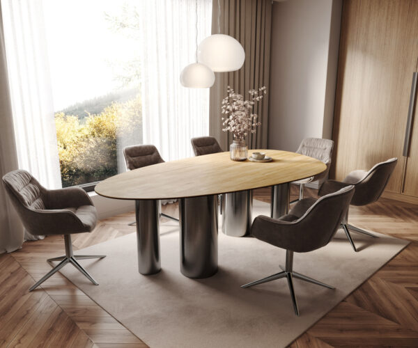Étkezőasztal Edge ovális 220x120 kerámia Laminam® Sabbia tölgyszínű Pilier rozsdamentes acél grafit - Image 7