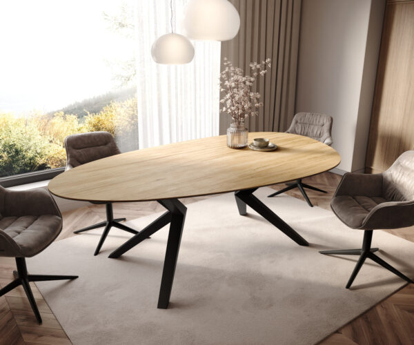 Étkezőasztal Edge ovális 220x120 kerámia Laminam® Sabbia tölgyszínű Zenthara szögletes fém fekete