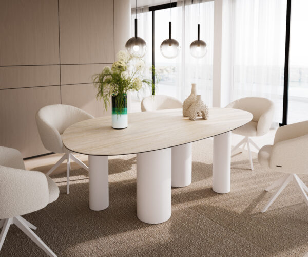 Étkezőasztal Edge ovális 220x120 kerámia Laminam® Travertino Bianco krémfehér pilier fém fehér