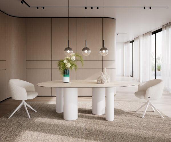 Étkezőasztal Edge ovális 220x120 kerámia Laminam® Travertino Bianco krémfehér pilier fém fehér - Image 2