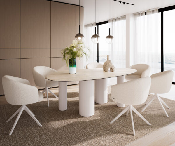 Étkezőasztal Edge ovális 220x120 kerámia Laminam® Travertino Bianco krémfehér pilier fém fehér - Image 6
