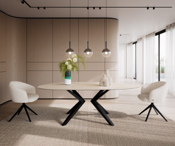 Étkezőasztal Edge ovális 220x120 kerámia Laminam® Travertino Bianco krémfehér Zenthara szögletes fém fekete - Image 2