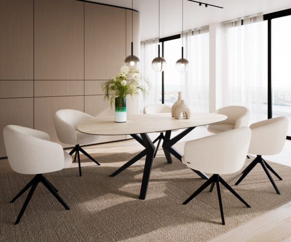 Étkezőasztal Edge ovális 220x120 kerámia Laminam® Travertino Bianco krémfehér Zenthara szögletes fém fekete - Image 6