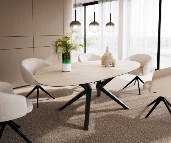 Étkezőasztal Edge ovális 220x120 kerámia Laminam® Travertino Bianco krémfehér Zenthara szögletes fém fekete