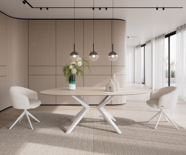 Étkezőasztal Edge ovális 220x120 kerámia Laminam® Travertino Bianco krémfehér Zenthara szögletes fém fehér - Image 2