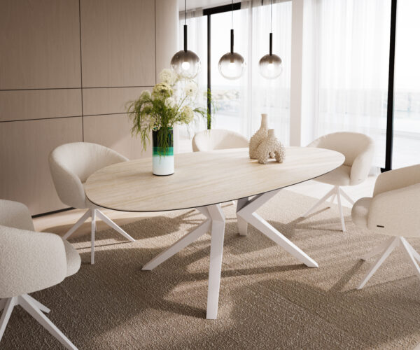 Étkezőasztal Edge ovális 220x120 kerámia Laminam® Travertino Bianco krémfehér Zenthara szögletes fém fehér