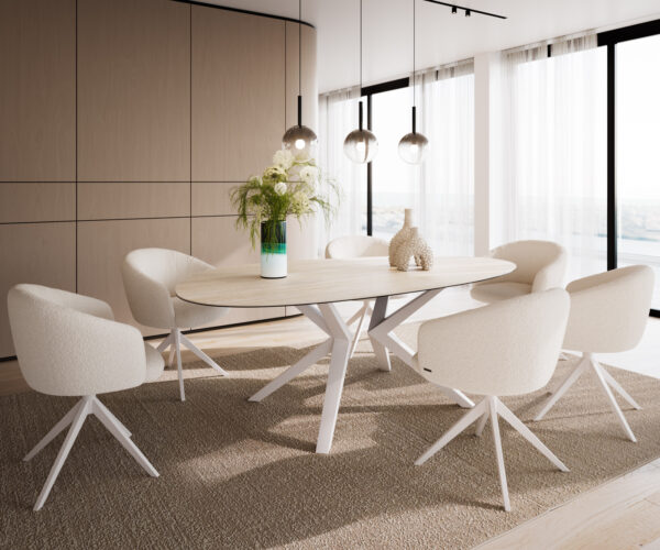 Étkezőasztal Edge ovális 220x120 kerámia Laminam® Travertino Bianco krémfehér Zenthara szögletes fém fehér - Image 6