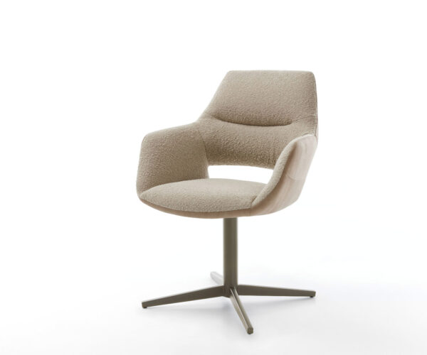 Étkezőszék Yago-Flex karfás vegyes anyagok sötét bézs "X" alakú láb titán effekt felület 360° forgatható zsákrugós matraccal