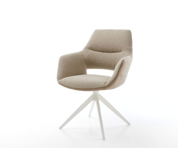 Étkezőszék Yago-Flex karfás vegyes anyagok sötét bézs kereszt láb széles fehér 360° forgatható hintamechanizmus zsákrugós