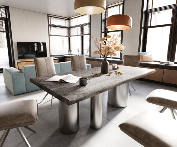 Étkezőasztal Edge 200x100 XL akác platina Troa rozsdamentes acél szálcsiszolt Live-Edge