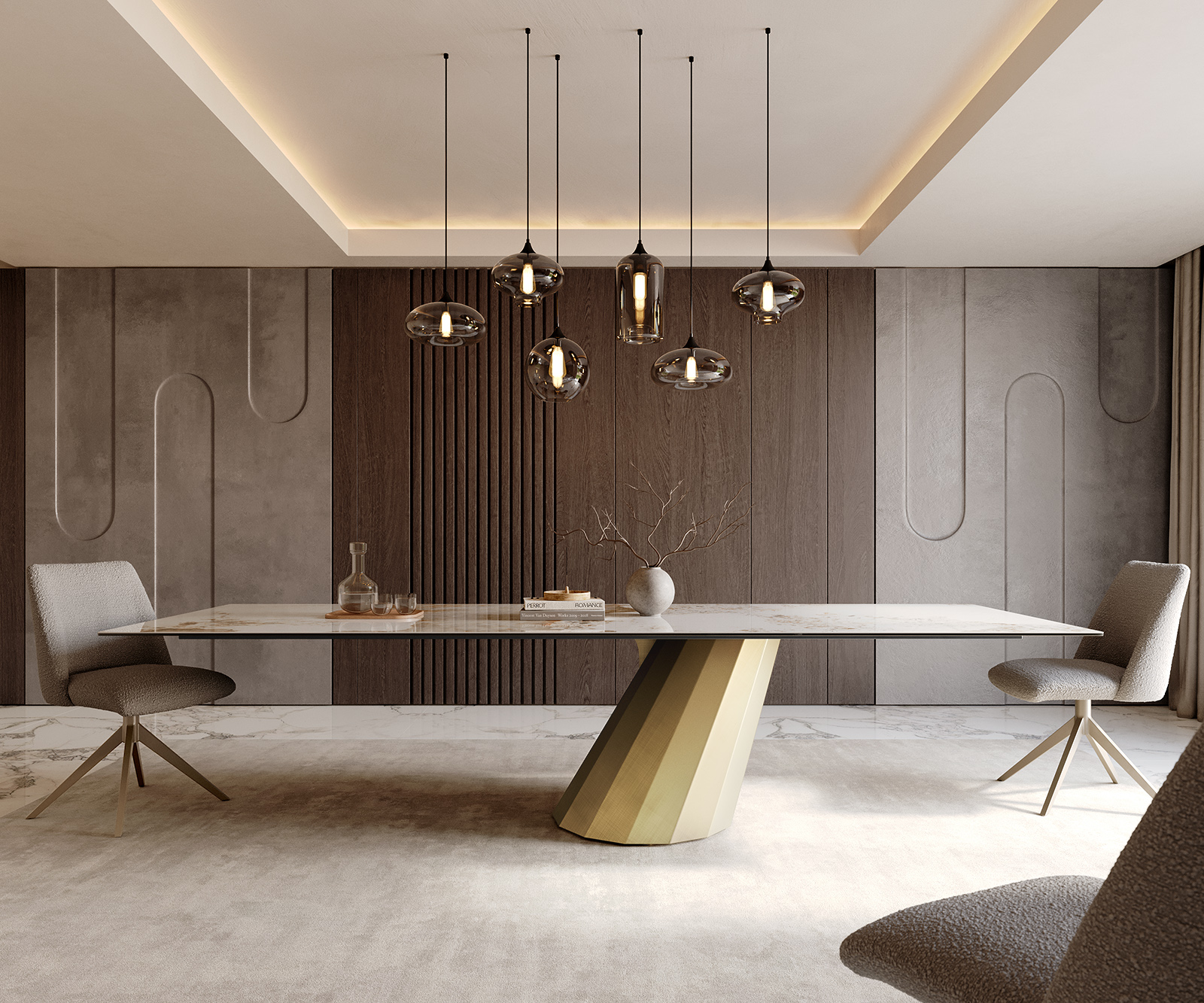 Étkezőasztal Edge 300x100 kerámia Minas melange fehér bézs parabolikus metál arany