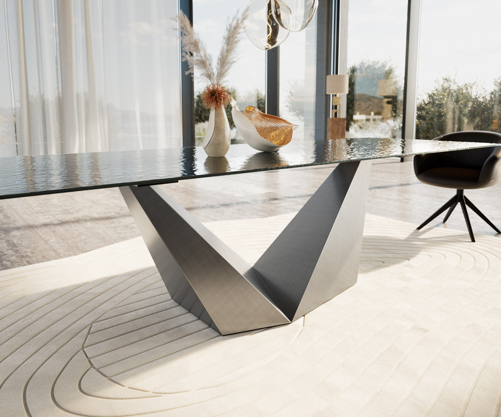 Étkezőasztal Edge 300x100 domborított üveg füstfekete 3D design Prisma metál ezüst - Image 5