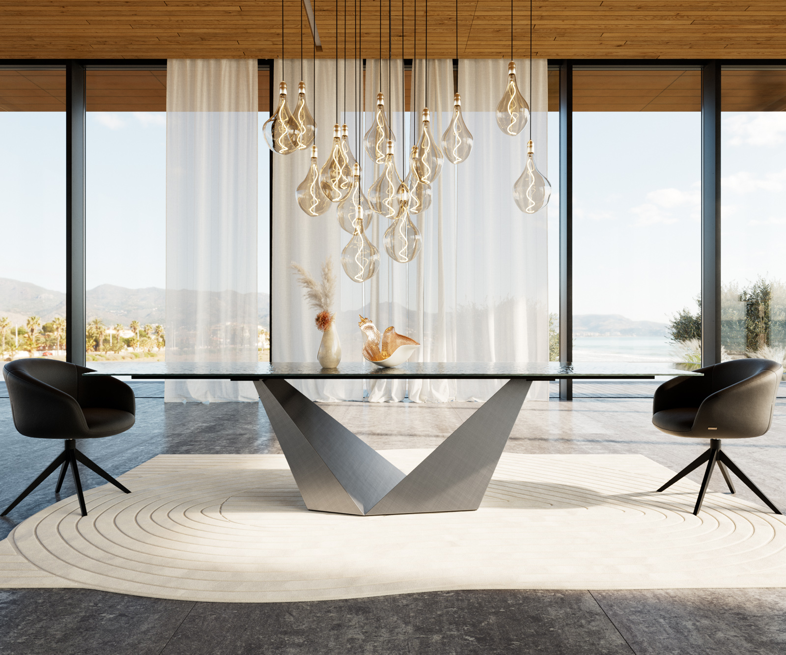 Étkezőasztal Edge 300x100 domborított üveg füstfekete 3D design Prisma metál ezüst - Image 2