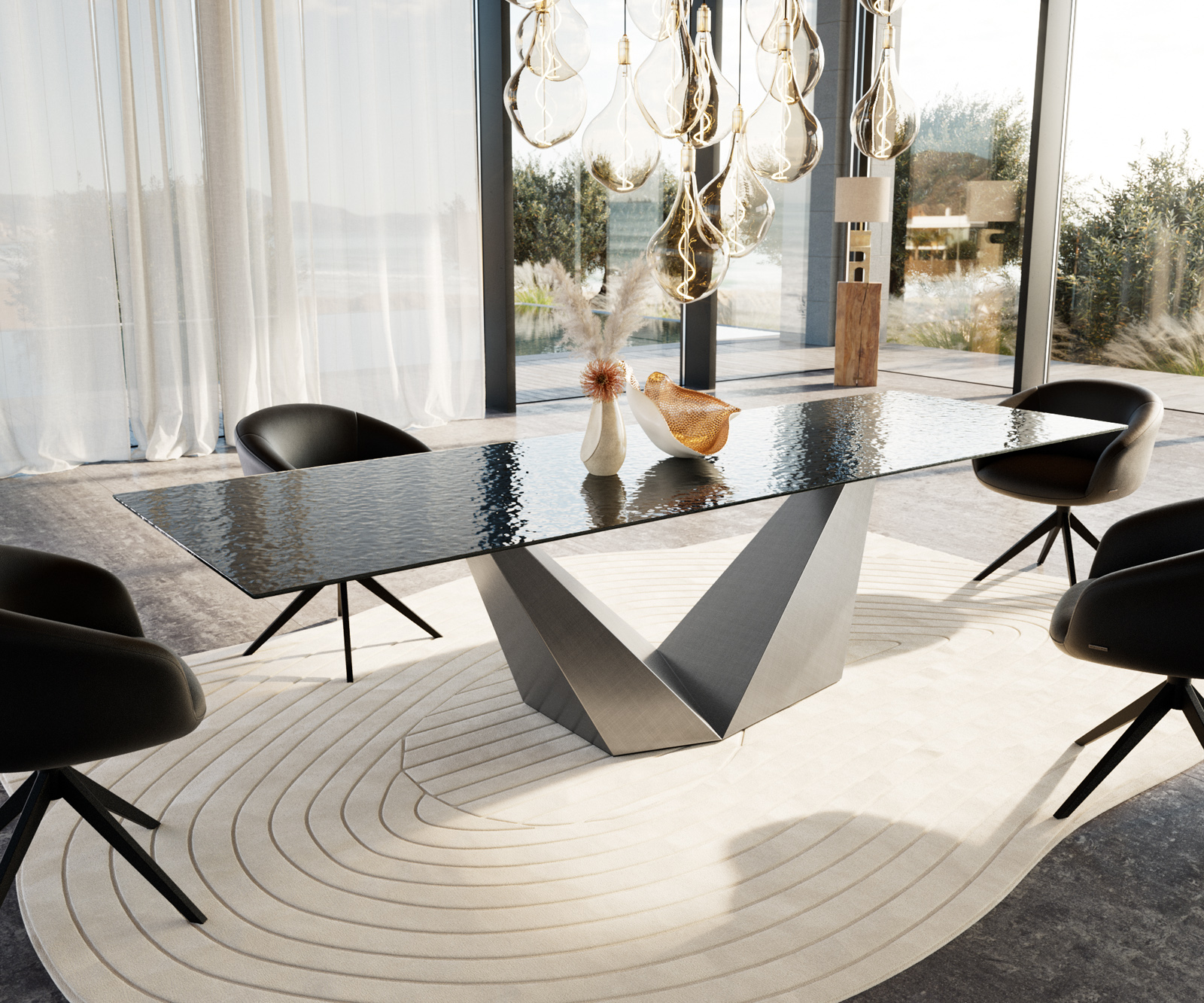 Étkezőasztal Edge 300x100 domborított üveg füstfekete 3D design Prisma metál ezüst