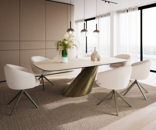 Étkezőasztal Edge hajóformájú 240x120 kerámia travertin természetes kúpos fém arany - Image 6