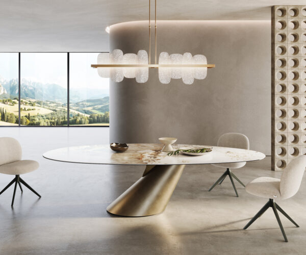 Étkezőasztal Edge ovális 280x130 kerámia Minas melange fehér-bézs Cono metál arany