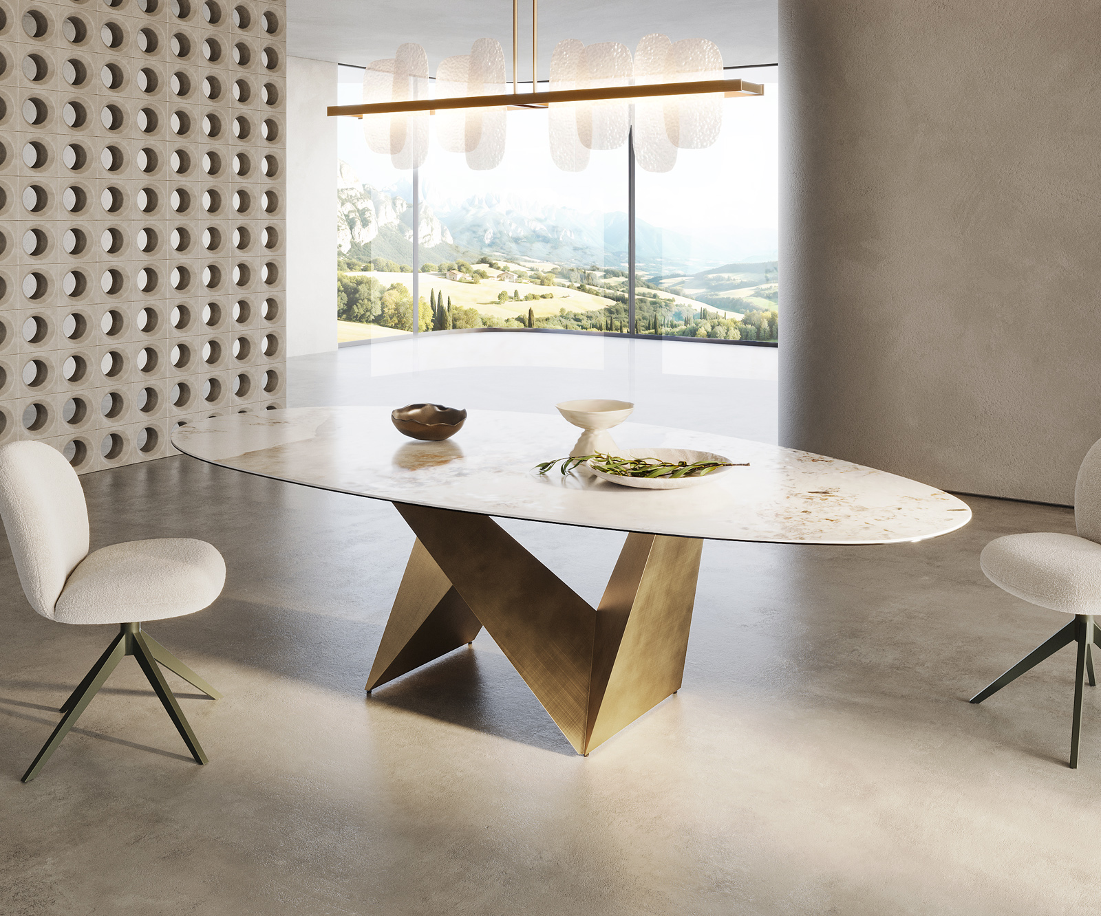 Étkezőasztal Edge ovális 280x130 kerámia Minas melange fehér-bézs Origami metál arany - Image 4