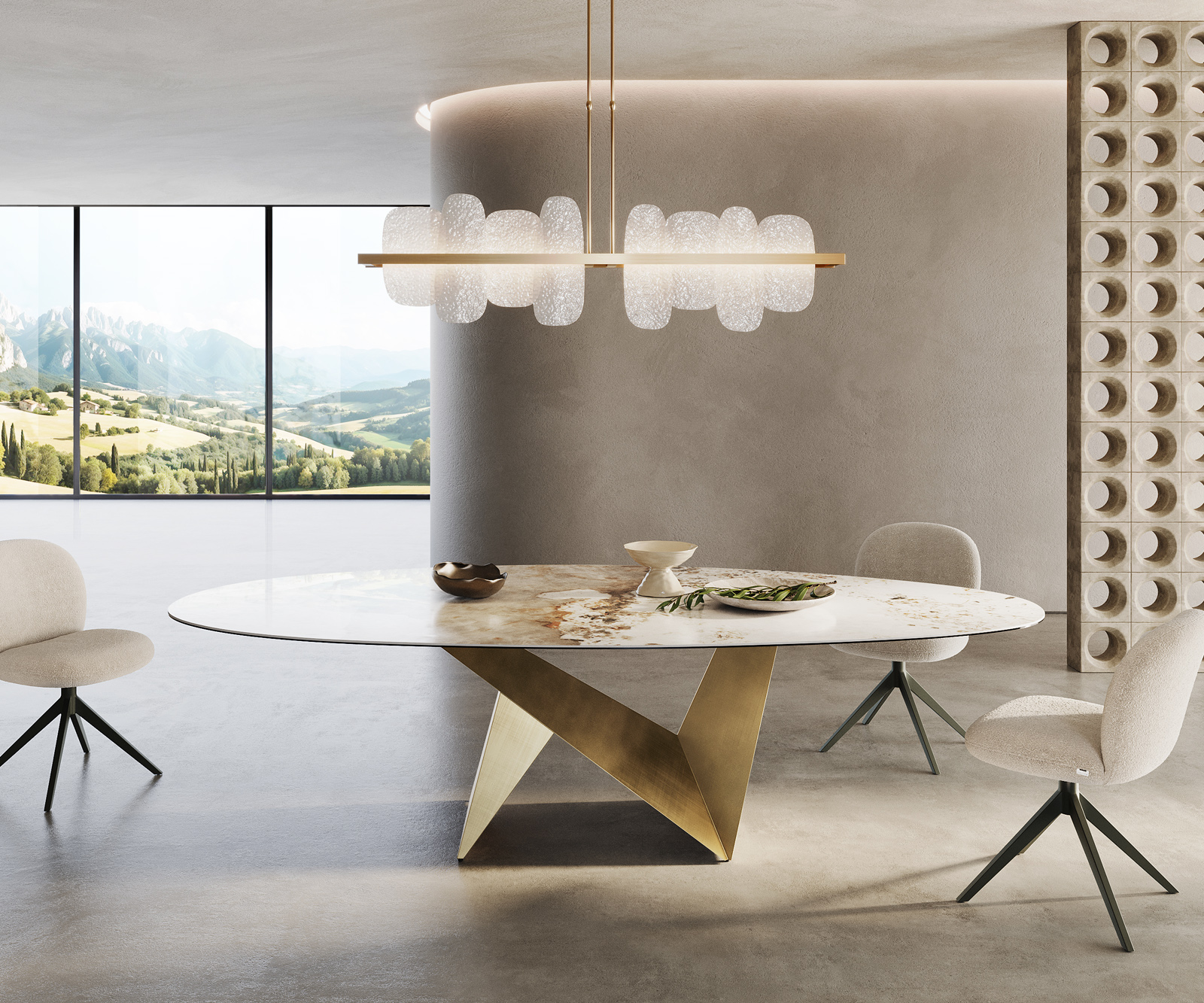 Étkezőasztal Edge ovális 280x130 kerámia Minas melange fehér-bézs Origami metál arany