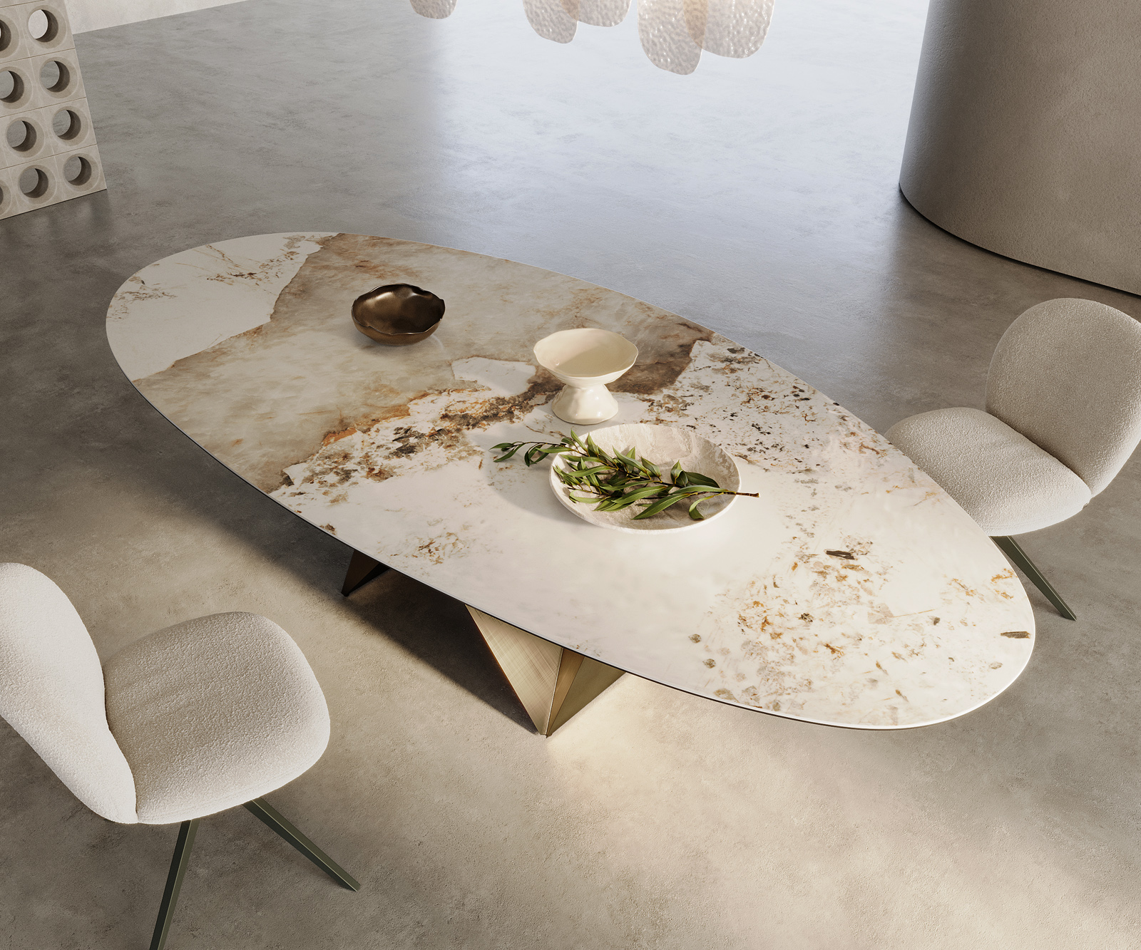 Étkezőasztal Edge ovális 280x130 kerámia Minas melange fehér-bézs Origami metál arany - Image 2