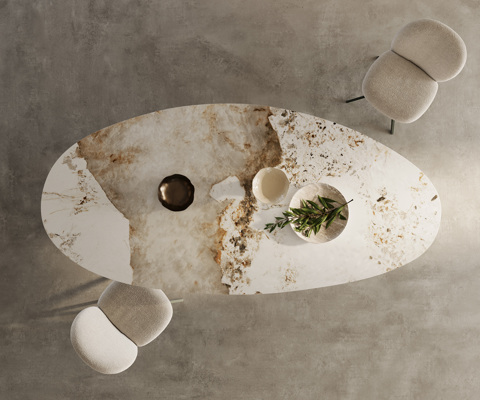 Étkezőasztal Edge ovális 280x130 kerámia Minas melange fehér-bézs Origami metál arany - Image 7