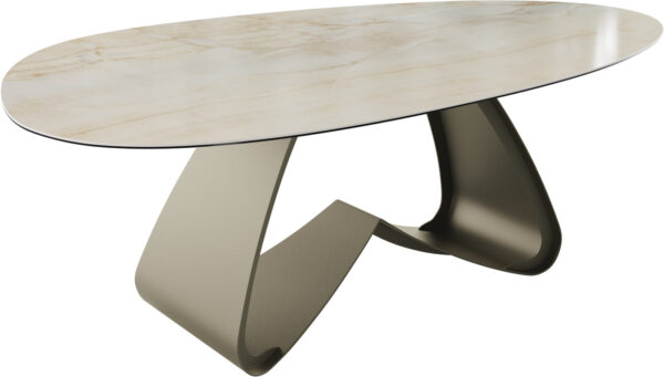 Étkezőasztal Edge ovális 220x120 kerámia iris FMG onice oro W alakú fém láb titán effekt felület - Image 2