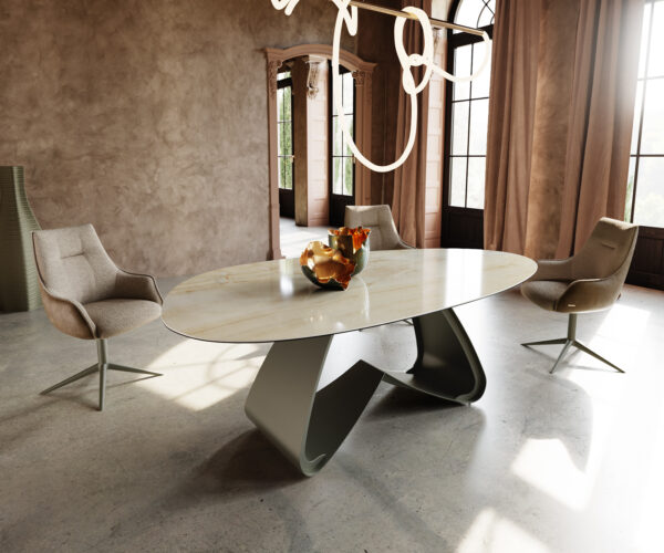Étkezőasztal Edge ovális 220x120 kerámia iris FMG onice oro W alakú fém láb titán effekt felület