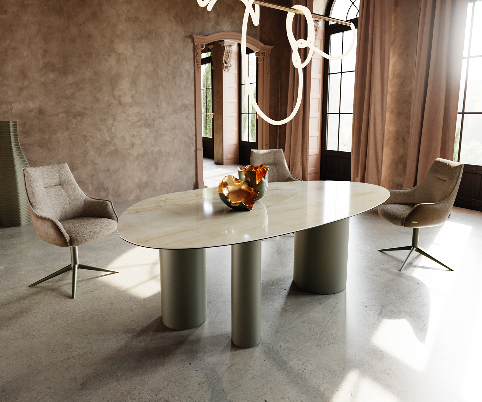 Étkezőasztal Edge ovális 220x120 kerámia iris FMG Onice Oro Troa fém effekt felület titán