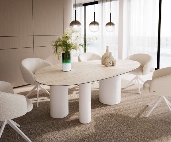 Étkezőasztal Edge ovális 220x120 cm Laminam® Travertino Bianco krémfehér Troa fém fehér