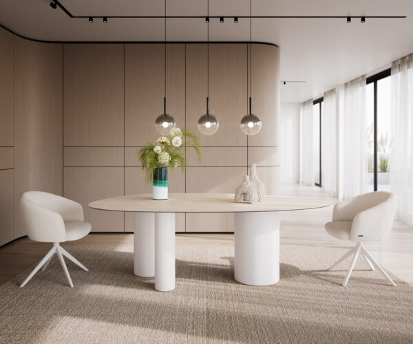 Étkezőasztal Edge ovális 220x120 cm Laminam® Travertino Bianco krémfehér Troa fém fehér - Image 2