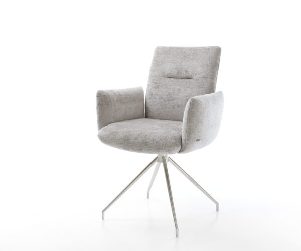 Étkezőszék Jova-Flex karfás mikroszálas ezüstszürke kereszt láb kúpos rozsdamentes acél 180° forgatható zsákrugós