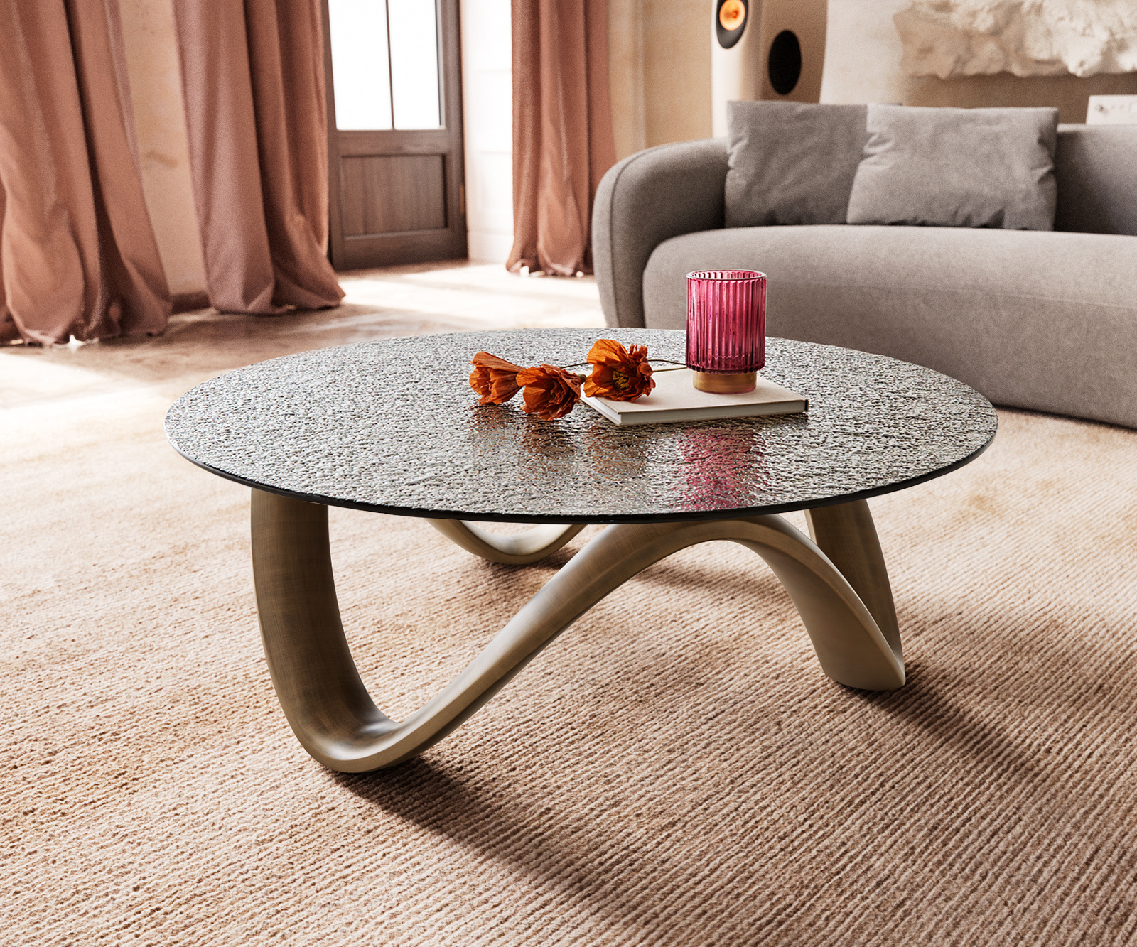 Dohányzóasztal Tanju 90x90 cm metál arany domborított üveg taupe