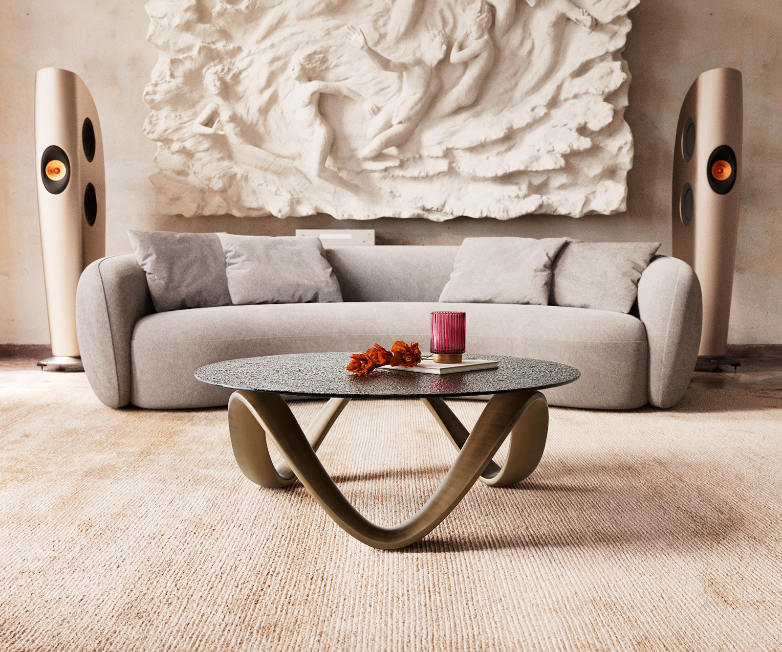 Dohányzóasztal Tanju 90x90 cm metál arany domborított üveg taupe - Image 2