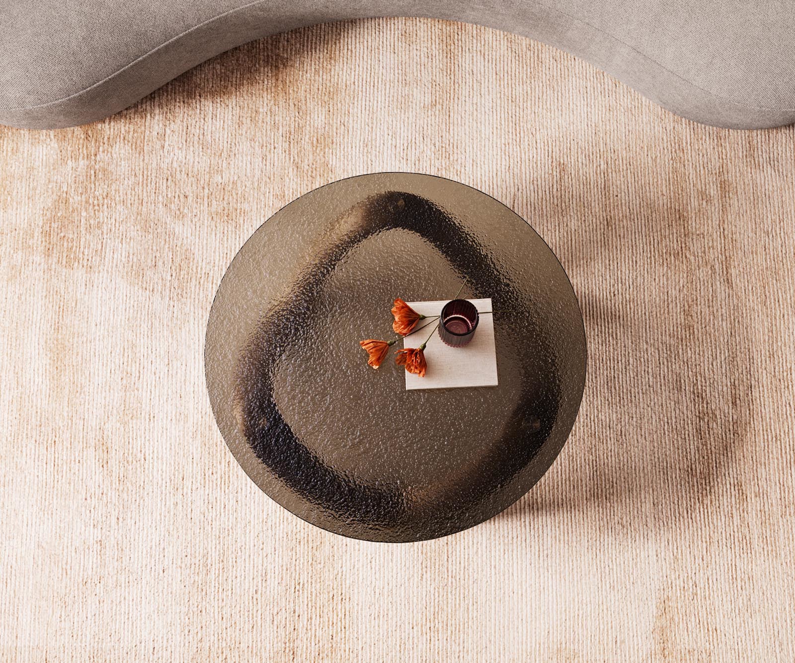 Dohányzóasztal Tanju 90x90 cm metál arany domborított üveg taupe - Image 4