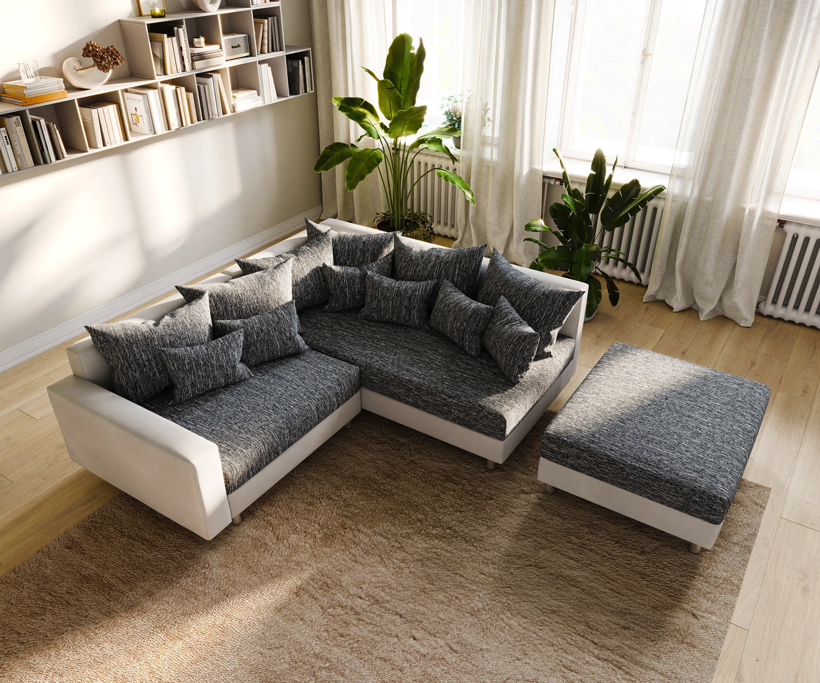 Sarokkanapé Clovis fehér fekete puff karfa rekamié jobb moduláris - Image 10