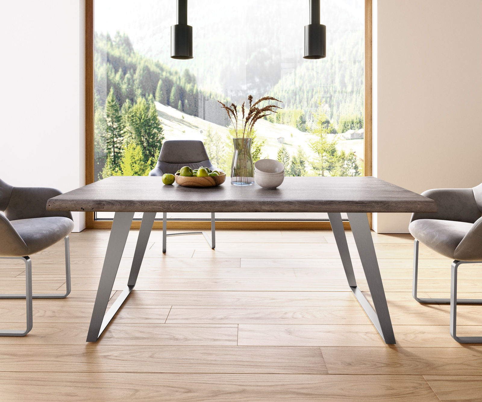 Étkezőasztal Edge 180x90 XL akác platina rozsdamentes acél ferde Live-Edge - Image 5