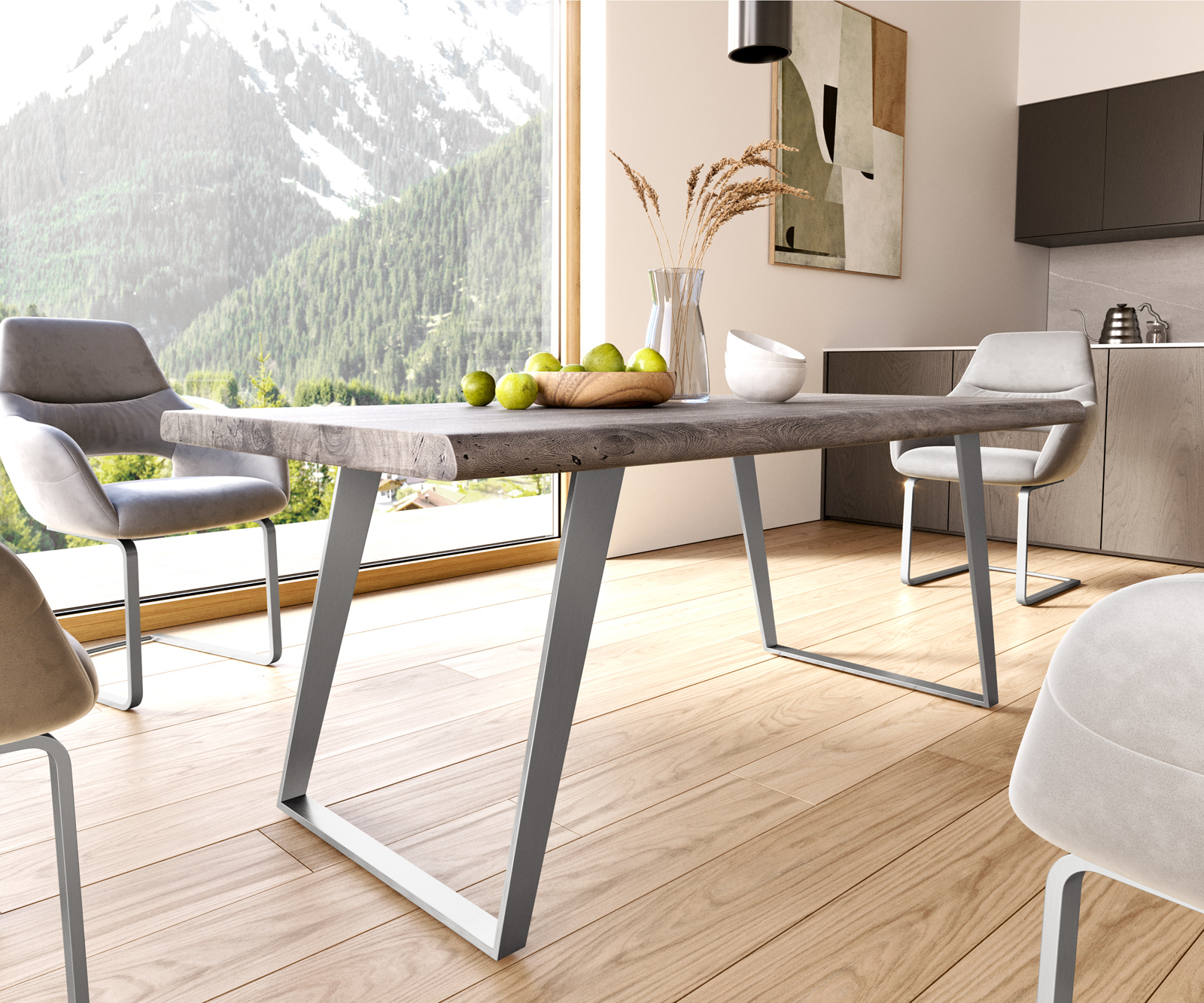 Étkezőasztal Edge 180x90 XL akác platina rozsdamentes acél ferde Live-Edge - Image 7