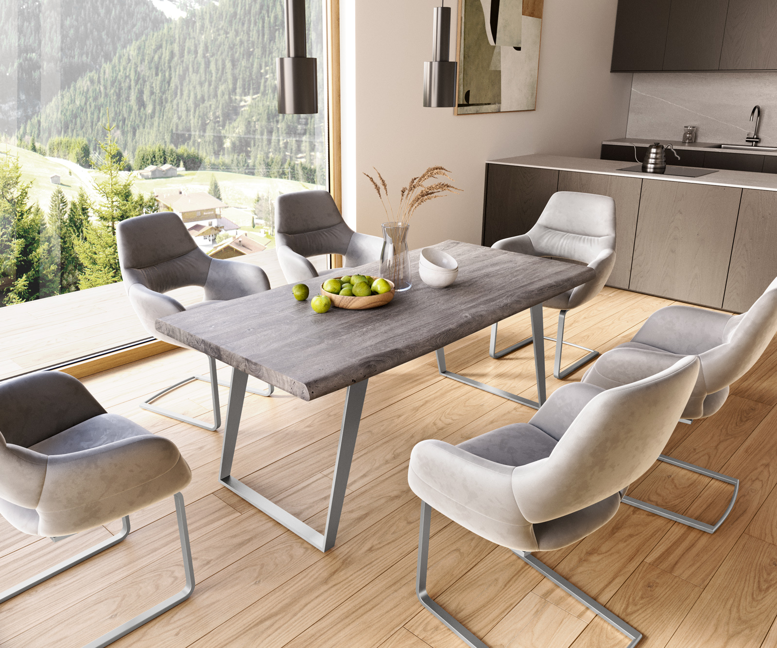 Étkezőasztal Edge 180x90 XL akác platina rozsdamentes acél ferde Live-Edge - Image 8