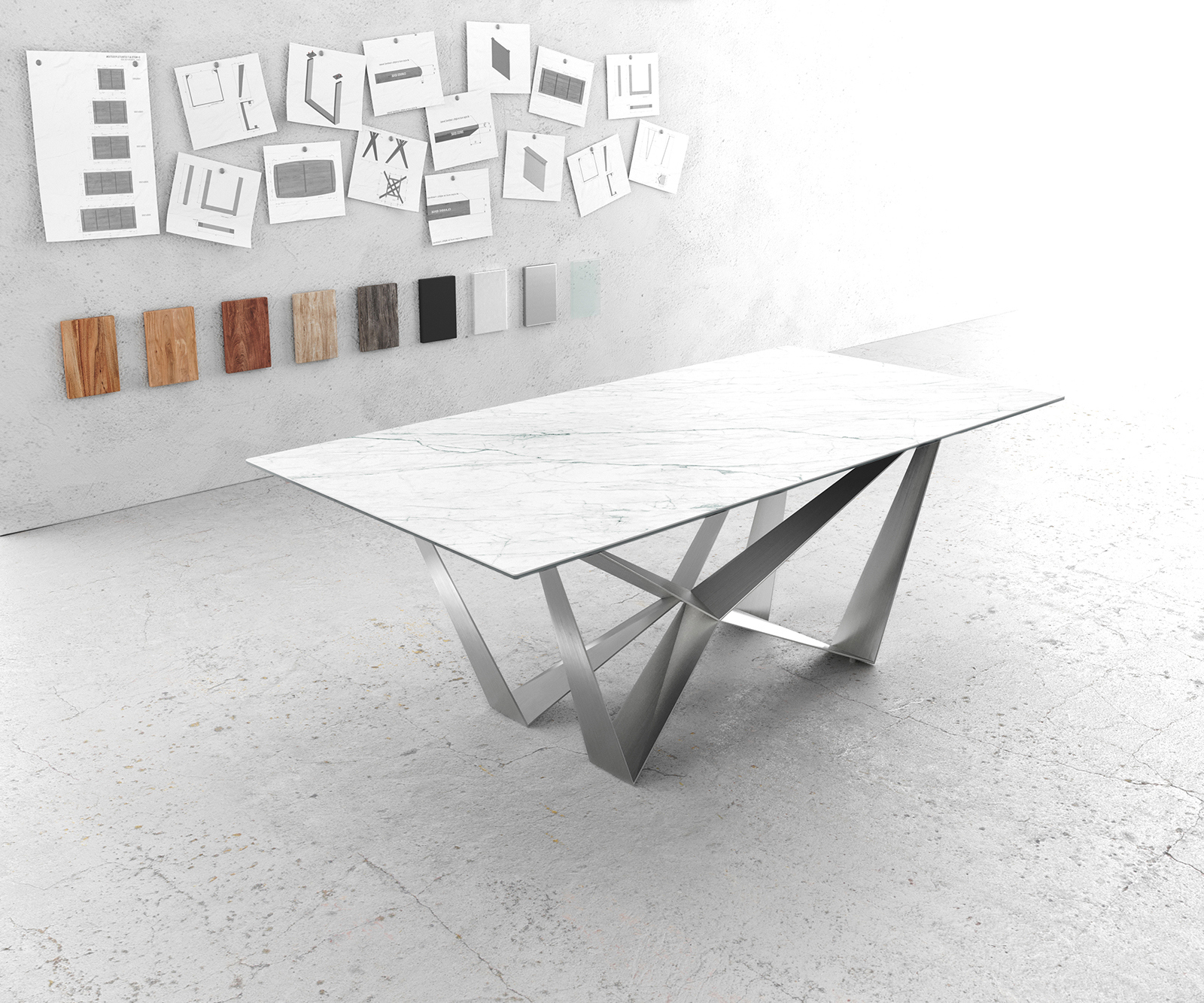 Étkezőasztal Edge 200x100 cm kerámia Laminam® Statuarietto fehér Spider laposacél rozsdamentes acél